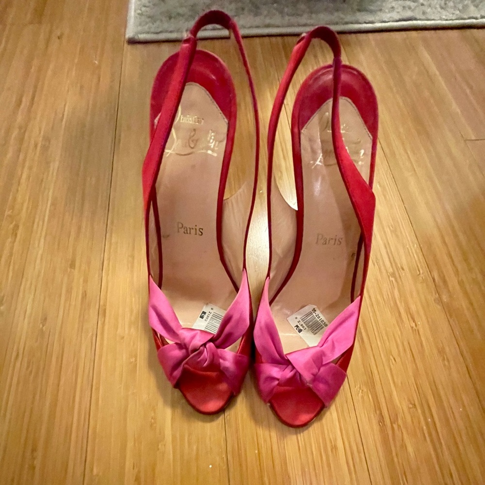 Gorgeous Christian Louboutins, pink and red satin!
